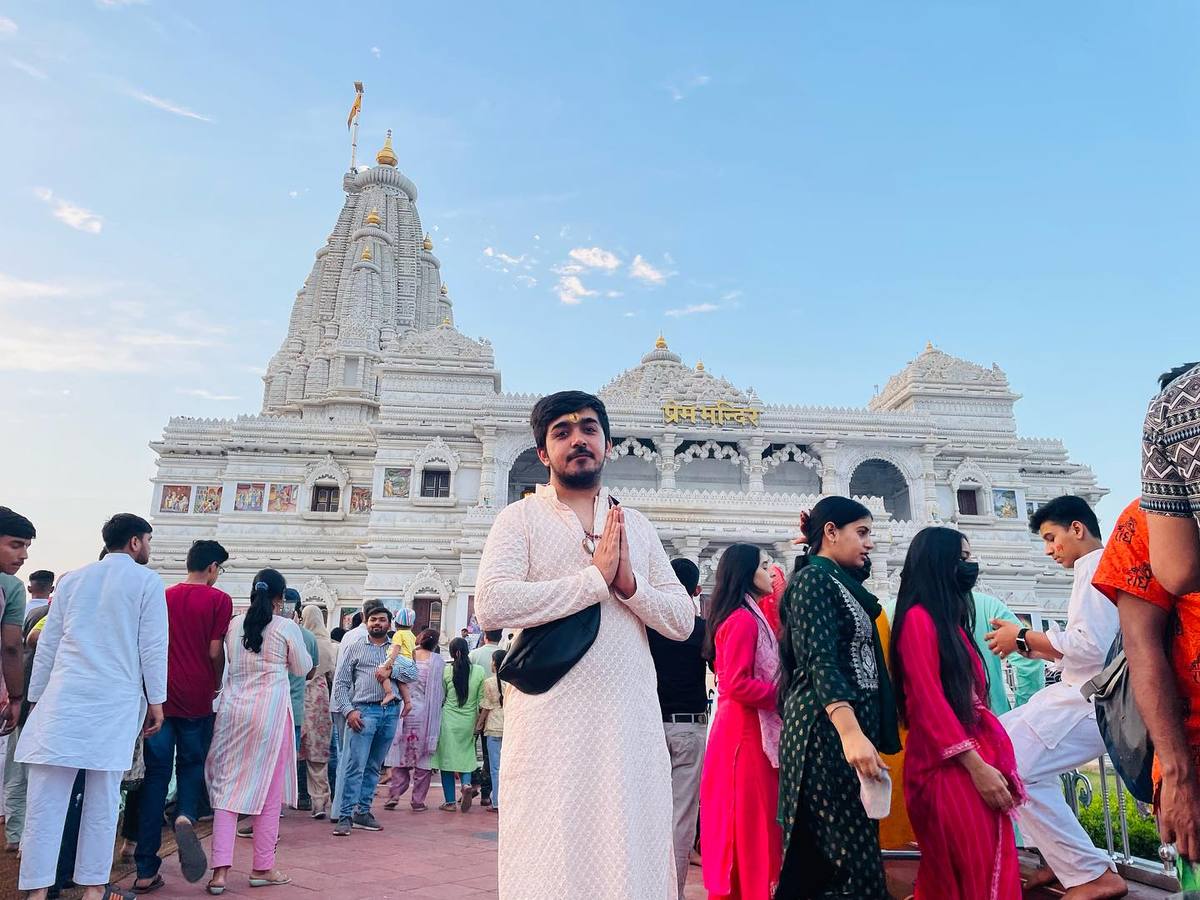 In prayer at Prem Mandir, Vrindavan